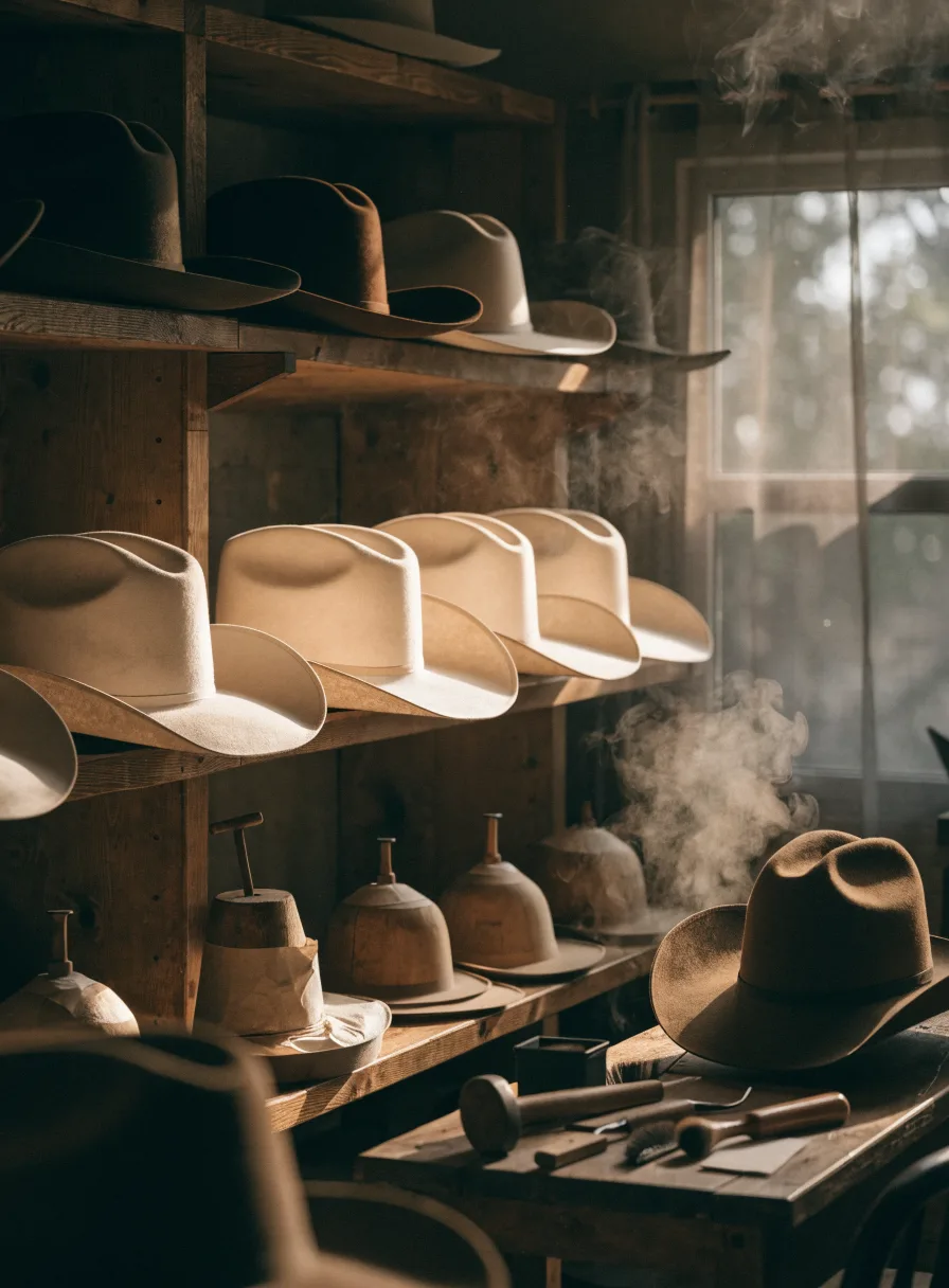 Felt cowboy hats on a workshop shelf