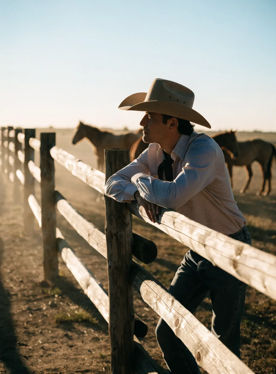 Rancher wearing a felt cowboy hat at golden hour